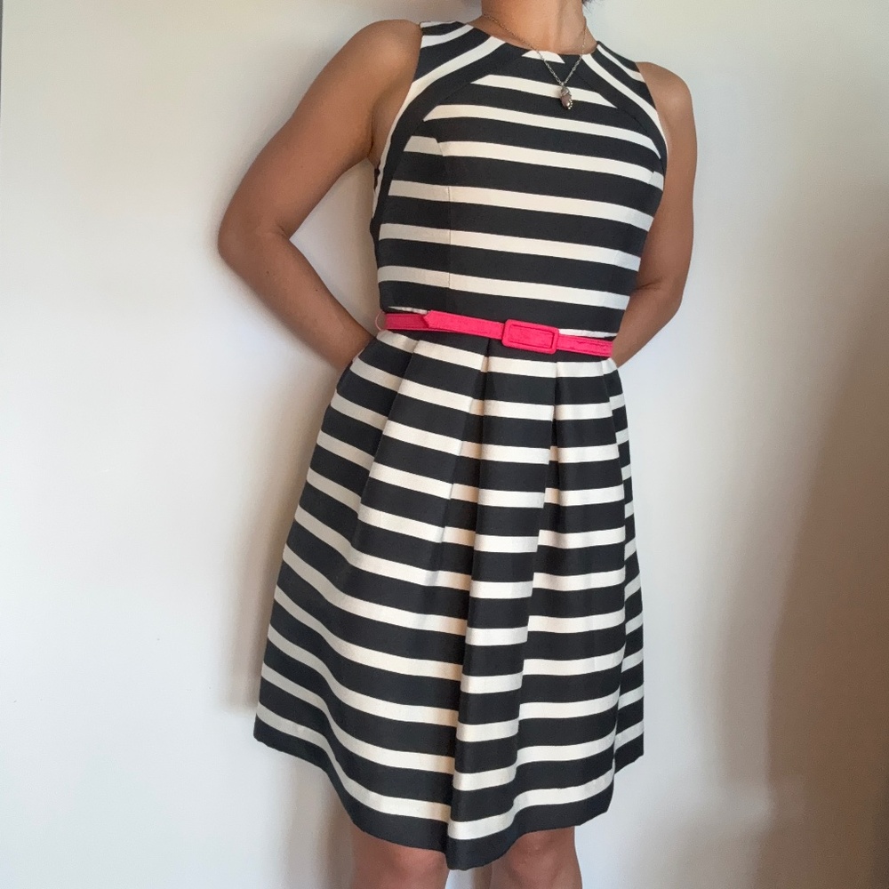 Eliza J Navy Striped Dress with Pink Belt